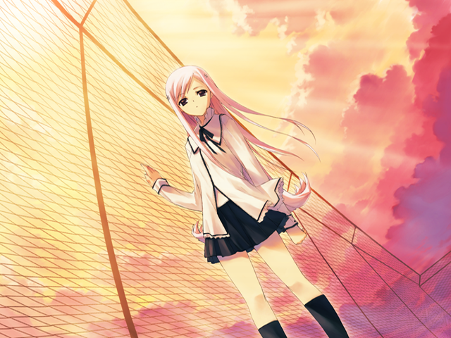 against_fence bangs black_legwear black_skirt breasts chain-link_fence clenched_hand closed_mouth cloud dutch_angle expressionless fence flipped_hair floating_hair from_below game_cg hair_ornament hairclip kawata_hisashi kneehighs light_rays long_hair long_sleeves looking_at_viewer lucy_maria_misora miniskirt neck_ribbon outdoors pink_hair pleated_skirt ribbon school_uniform sidelocks skirt sky small_breasts solo standing sunbeam sunlight sunset swept_bangs to_heart_2 turtleneck very_long_hair