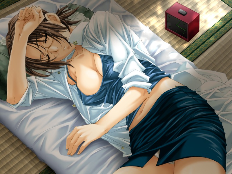 alarm_clock analog_clock arm_up asagiri_misao baby_be blouse breasts camisole cleavage clenched_hand clock closed_eyes covered_nipples cowboy_shot dress_shirt dutch_angle from_above futon game_cg glasses high_collar jacket large_breasts long_sleeves lying midriff miniskirt navel on_side open_clothes open_shirt panties pantyshot pantyshot_(lying) parted_lips pencil_skirt pillow ponytail rimless_eyewear rin_kyoutarou shade shirt short_hair side_slit skirt sleeping sleeves_rolled_up solo sunlight tatami underwear white_panties white_shirt