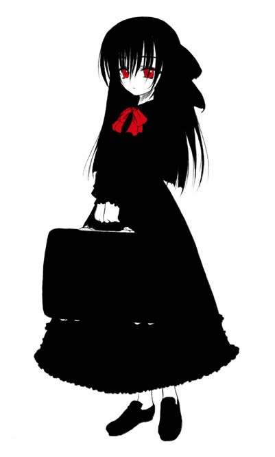 artist_request black_hair copyright_request gothic_lolita high_contrast lolita_fashion long_sleeves monochrome red_eyes solo spot_color