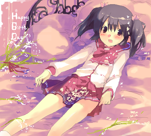 :o artist_request black_hair grass hair_ribbon long_sleeves looking_at_viewer lowres lying on_back open_mouth plant red_eyes red_skirt ribbon rock school_uniform shirt short_hair skirt solo to_heart_2 two_side_up white_shirt yuzuhara_konomi