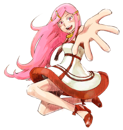 1girl anemone_(eureka_seven) collar dress eureka_seven eureka_seven_(series) foreshortening hair_ornament hairclip hands long_hair long_legs lowres outstretched_arm outstretched_hand pink_eyes pink_hair reaching simple_background smile solo