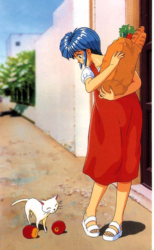 90s animal apple bag baguette blue_hair bread cat day dress food fruit full_body groceries grocery_bag holding jpeg_artifacts kokura_masashi looking_at_another nijino_saki official_art outdoors paper_bag pigeon-toed pinafore_dress profile scan shopping_bag short_hair short_sleeves solo standing tokimeki_memorial tokimeki_memorial_1 white_cat