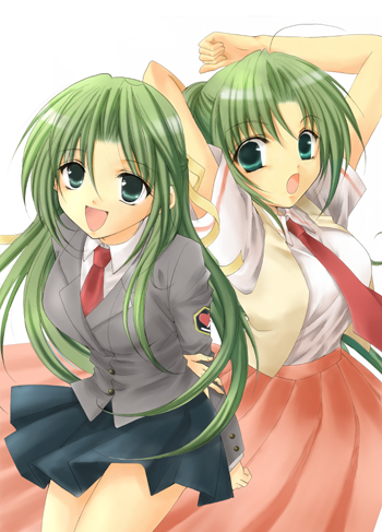 green_hair higurashi_no_naku_koro_ni houjou_yutori long_sleeves lowres multiple_girls siblings sisters sonozaki_mion sonozaki_shion twins