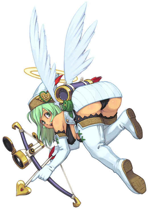 archery arrow ass bent_over black_bra black_panties boots bow_(weapon) bra breasts copyright_request cupid dress elbow_gloves flying from_behind gloves green_eyes green_hair halo hanging_breasts hat lace lace-trimmed_panties lace-trimmed_thighhighs large_breasts lingerie long_hair looking_back maruta_kentarou open_mouth panties pantyshot quiver scope short_dress simple_background skirt solo thigh_boots thighhighs underboob underwear weapon white_background white_legwear white_skirt wings