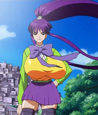 big_hair breasts eiken huge_breasts long_sleeves lowres misono_kirika school_uniform screencap solo sweater thighhighs