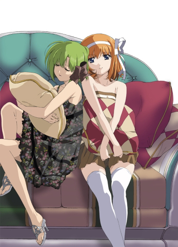 artist_request bangs bow closed_eyes couch dress floral_print fuyou_kaede green_hair hair_bow hair_ribbon high_heels holding holding_pillow leaning_on_person looking_at_viewer lowres multiple_girls on_couch orange_hair pillow print_dress ribbon shigure_asa short_hair shuffle! simple_background sitting sleeveless sleeveless_dress smile strapless strapless_dress thighhighs white_background white_legwear white_ribbon