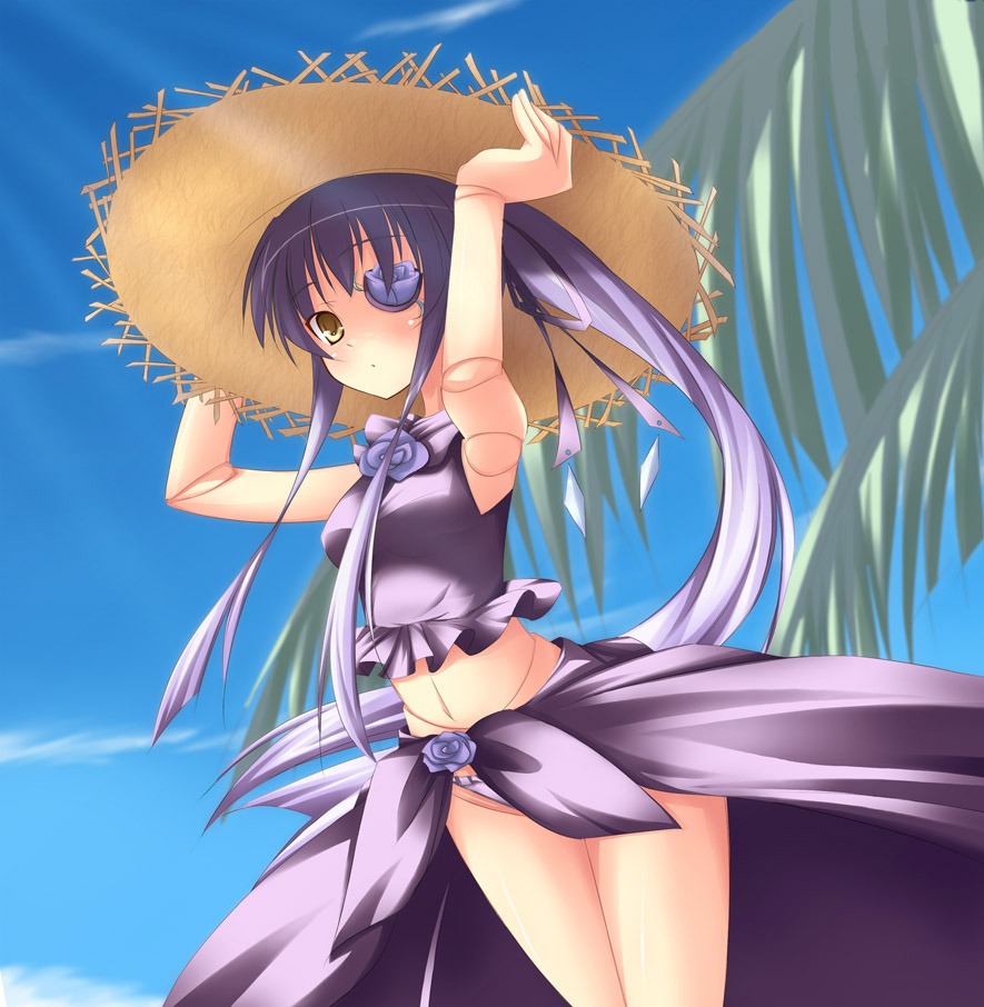 armpits arms_up barasuishou day doll_joints eyepatch from_below hair_ribbon hat leaf long_hair navel panties ponytail purple_hair ribbon rozen_maiden shimakaze sky solo straw_hat sun_hat sunlight thighs underwear yellow_eyes