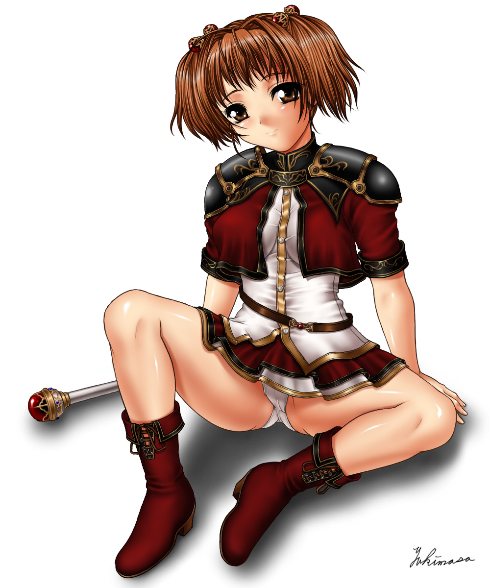 arm_support armor armored_dress blush boots breasts brown_eyes brown_hair cleavage copyright_request dress fantasy hair_bobbles hair_ornament highres legs medium_breasts multicolored multicolored_clothes multicolored_dress panties pantyshot pantyshot_(sitting) scepter short_hair short_twintails sitting skirt smile solo twintails underwear yukimasa_(nkk145)