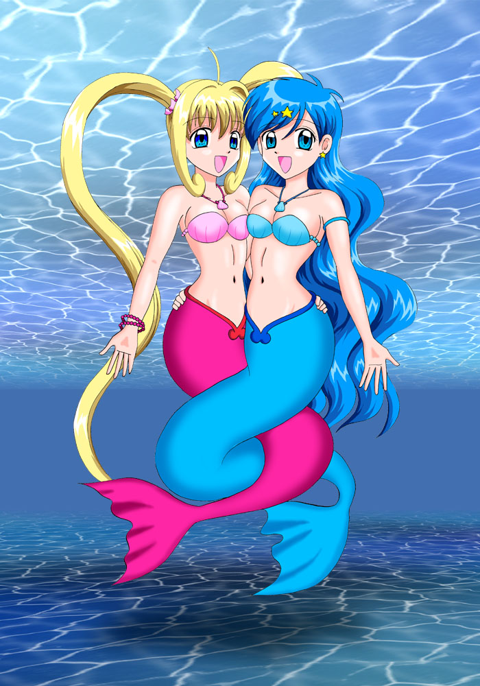 artist_request bikini blonde_hair blue_eyes blue_hair caustics earrings hair_ornament houshou_hanon intertwined_tails jewelry long_hair mermaid mermaid_melody_pichi_pichi_pitch monster_girl multiple_girls nanami_lucia necklace shell shell_bikini star star_earrings star_hair_ornament swimsuit twintails underwater very_long_hair