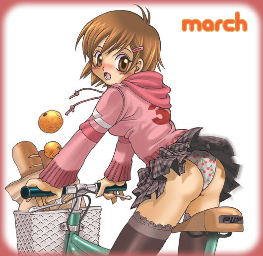 :o ass back bag basket bicycle bicycle_basket black_legwear blood blush border bread brown_eyes brown_hair cherry_print clothes_writing food food_print from_behind fruit groceries ground_vehicle hair_ornament hairclip hood hood_down hoodie lace lace-trimmed_thighhighs leaning_forward long_sleeves looking_at_viewer looking_back miniskirt nosebleed open_mouth orange original panties pantyshot pantyshot_(standing) paper_bag plaid plaid_skirt pleated_skirt print_panties purpleworm red_border short_hair skirt solo standing straddling sweater thighhighs underwear white_background white_panties wind wind_lift