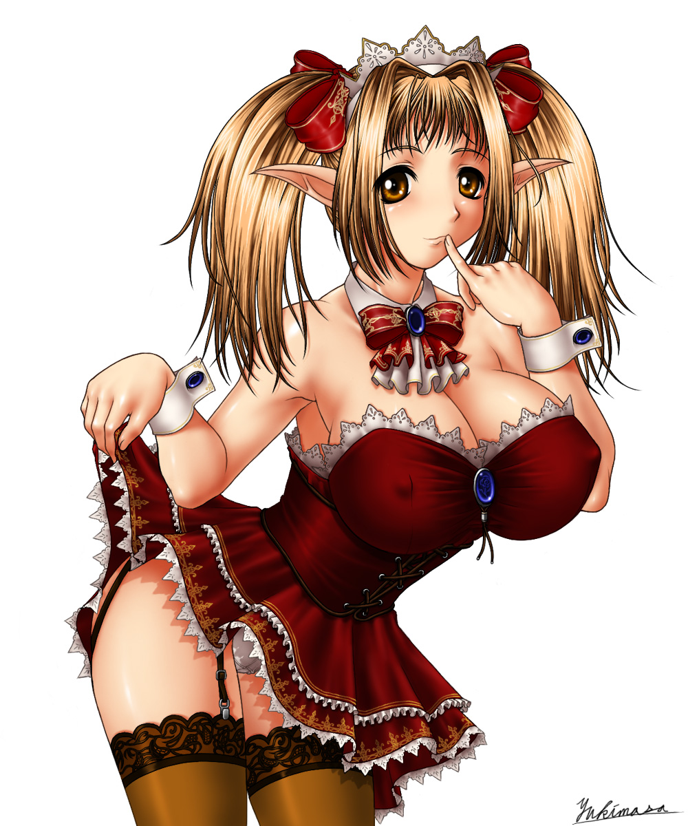 blonde_hair blush bow bowtie breasts brooch brown_eyes brown_legwear cameltoe choker cleavage copyright_request corset covered_nipples dress dress_lift frilled_dress frills garter_belt hair_ribbon highres huge_breasts jewelry leaning_forward long_hair maid maid_headdress panties pointy_ears red_skirt ribbon skirt solo thighhighs twintails underwear white_panties wrist_cuffs yukimasa_(nkk145)