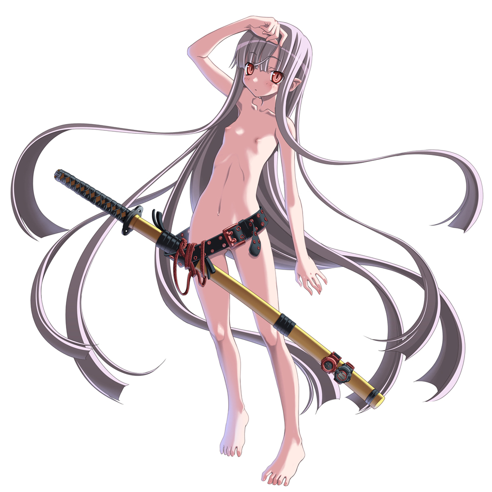 absurdly_long_hair arm_up barefoot belt blush collarbone expressionless feet flat_chest full_body hand_to_head katana long_hair naked_belt navel nipples nude original pointy_ears red_eyes sakuya_tsuitachi sheath sheathed silver_hair simple_background solo standing sword very_long_hair weapon white_background