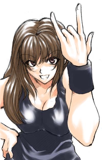 \m/ breasts brown_eyes brown_hair cleavage copyright_request grin large_breasts long_hair mizuryuu_kei smile solo tank_top wristband