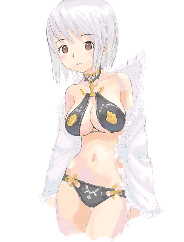 bikini breasts brown_eyes cleavage copyright_request medium_breasts short_hair solo swimsuit tougetsu_gou white_hair