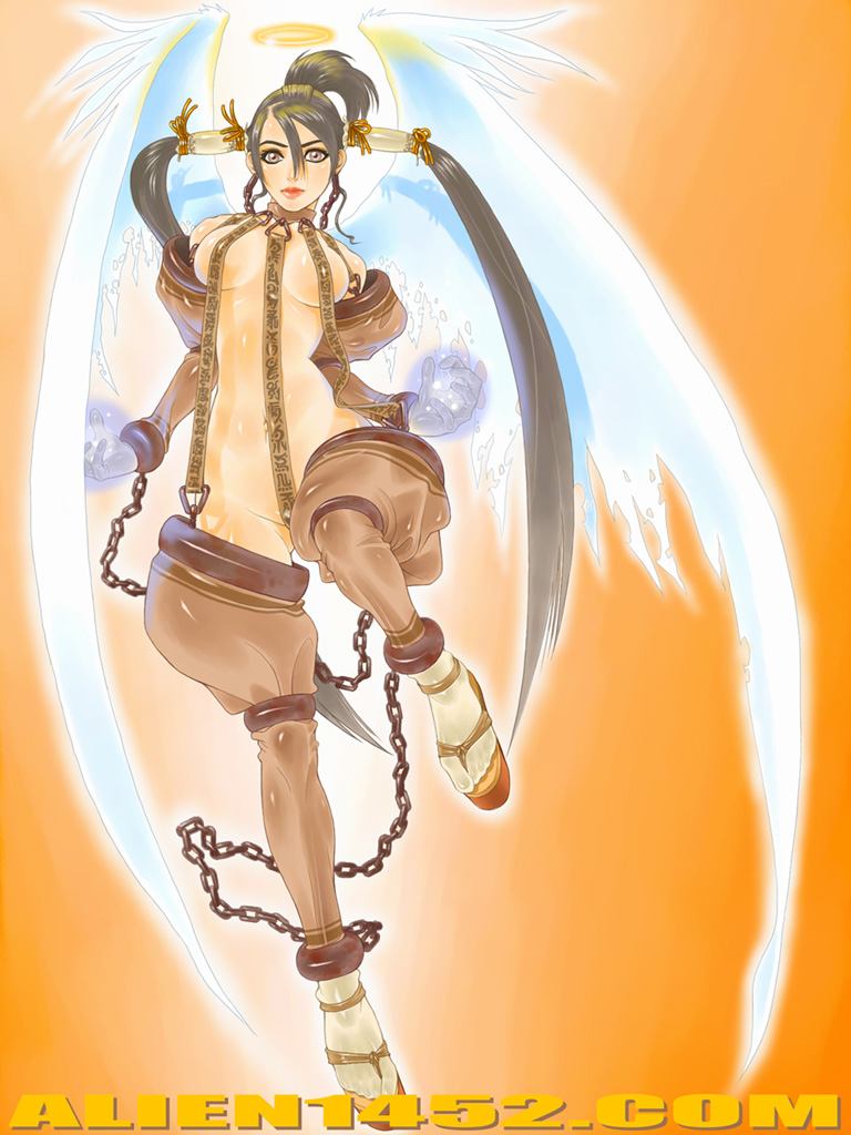 alien1452 angel aura breasts brown_eyes brown_hair chain copyright_request flying halo sandals small_breasts solo twintails wings