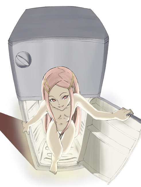 anemone_(eureka_seven) artist_request barefoot convenient_censoring eureka_seven eureka_seven_(series) hair_censor hair_over_breasts in_container in_refrigerator long_hair nude pink_eyes pink_hair refrigerator solo