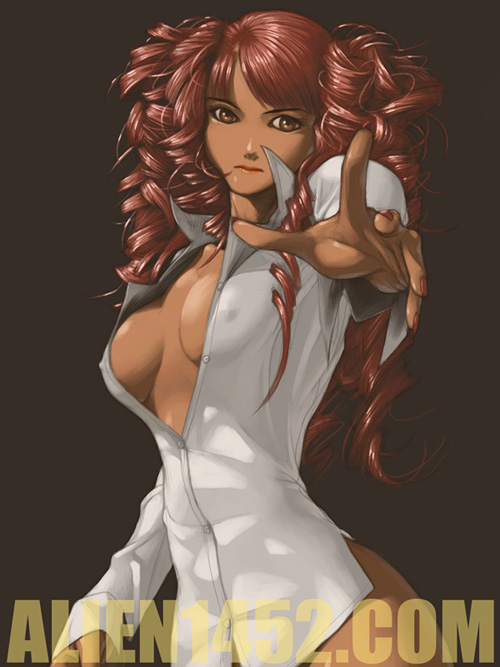 alien1452 bottomless breasts cleavage covered_nipples dark_skin drill_hair isuzu_emi lipstick long_hair makeup medium_breasts nail_polish no_bra open_clothes open_shirt outstretched_arm outstretched_hand pink_eyes pink_hair reaching red_hair red_nails shirt solo tenjou_tenge