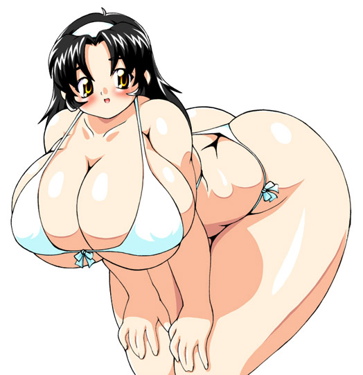 ass bent_over bikini black_hair blush breasts curvy hairband huge_ass huge_breasts maruke non-web_source plump simple_background solo swimsuit thick_thighs thighs white_background yellow_eyes
