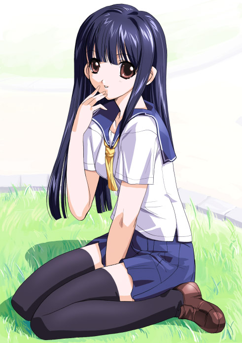 blue_hair brown_eyes copyright_request csy long_hair looking_at_viewer school_uniform solo thighhighs