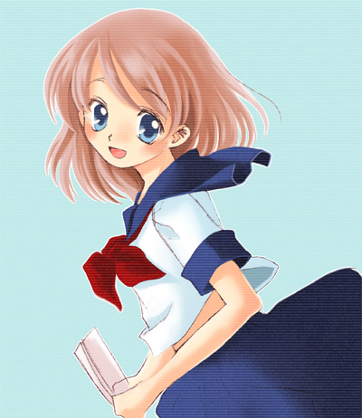 :d blue_background blue_eyes blue_skirt brown_hair cowboy_shot holding kuroda_bb letter lowres neckerchief open_mouth original school_uniform shirt short_hair short_sleeves simple_background skirt smile solo white_shirt