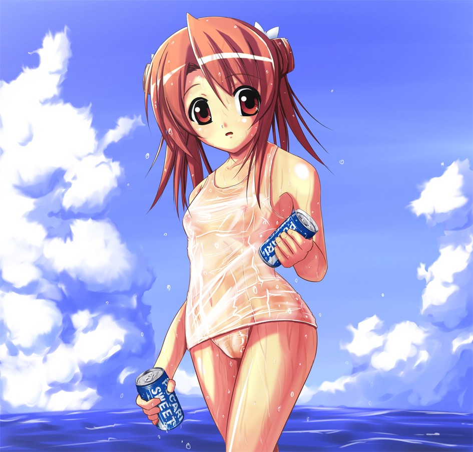 akayoshi_hajime brand_name_imitation breasts brown_eyes brown_hair cameltoe can cloud covered_nipples day mahou_sensei_negima! nipples one-piece_swimsuit pocari_sweat sakura_mei school_swimsuit see-through sky small_breasts soda_can solo swimsuit water wet