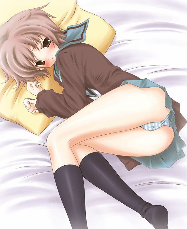 ass black_legwear blue_panties brown_eyes cardigan kita_high_school_uniform kneehighs labia legs long_sleeves lying miniskirt nagato_yuki nishikiori_jin on_side panties pillow school_uniform serafuku short_hair silver_hair skirt socks solo striped striped_panties suzumiya_haruhi_no_yuuutsu thighs underwear upskirt