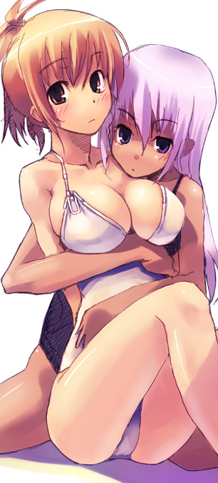 arms_behind_back between_legs blue_eyes breast_hold breasts brown_eyes brown_hair casual_one-piece_swimsuit cleavage head_on_shoulder hug hug_from_behind large_breasts multiple_girls one-piece_swimsuit original purple_hair refeia sitting spread_legs swimsuit wariza