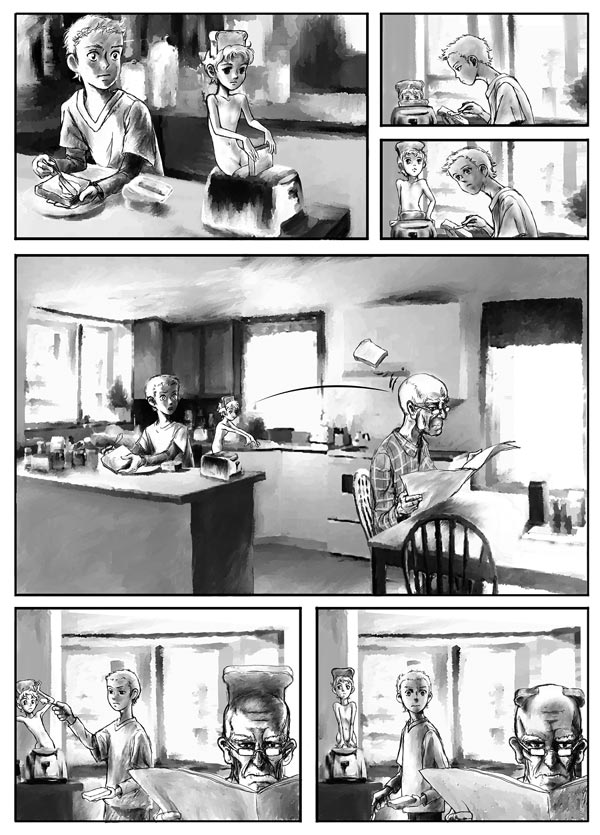 2boys artist_request butter comic copyright_request food greyscale monochrome multiple_boys old_man silent_comic throwing toast toast-chan toaster what