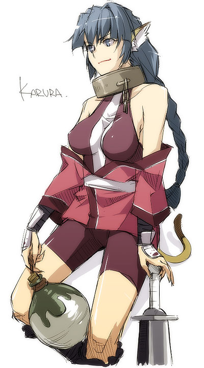 animal_ears arm_guards bandages bangs bare_shoulders blue_eyes blue_hair breasts cat_ears chain character_name collar halterneck hand_on_hilt holding impossible_clothes japanese_clothes jug karura_(utawareru_mono) kimono kyo_(kuroichigo) large_breasts light_smile long_hair looking_to_the_side metal_collar off_shoulder planted_sword planted_weapon rope sash short_kimono simple_background sketch smile solo sword tail turtleneck unitard utawareru_mono very_long_hair weapon white_background