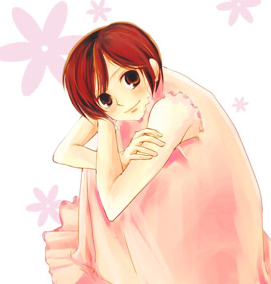 artist_request bare_shoulders crossed_arms dress fujioka_haruhi ouran_high_school_host_club pink_dress red_eyes red_hair short_hair simple_background sitting sleeveless sleeveless_dress smile solo white_background