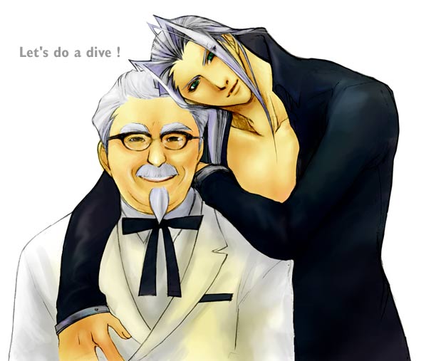artist_request beard bow bowtie colonel_sanders crossover english facial_hair final_fantasy final_fantasy_vii formal friends glasses green_eyes grey_hair kfc long_hair long_sleeves male_focus multiple_boys mustache sephiroth shirt silver_hair suit what