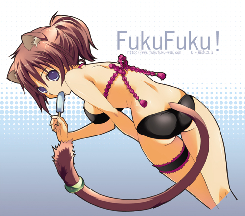 animal_ears bikini blue_eyes brown_hair cat_ears copyright_request food fukunaga_yumi looking_back lowres popsicle solo swimsuit tail