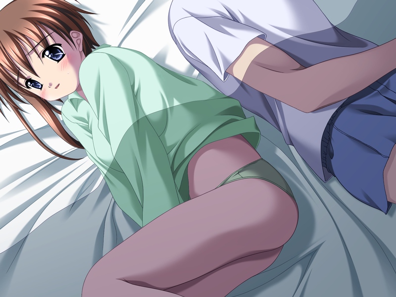 bed blouse blue_eyes blush brown_hair game_cg green_panties iwasaki_kouji long_sleeves lying mashita_misao nightshirt on_side panties see-through shirt_lift solo tanjoubi underwear