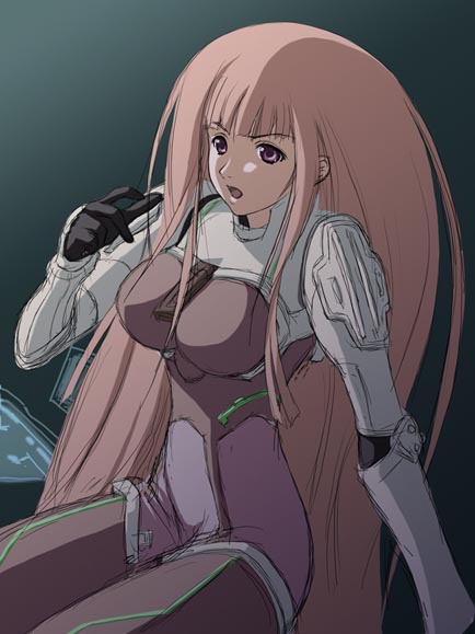 :o arm_support artist_request bangs blunt_bangs bodysuit breasts cowboy_shot elbow_pads ken_marinaris large_breasts long_hair looking_at_viewer open_mouth pilot_suit pink_bodysuit pink_hair profile purple_eyes shoulder_pads sidelocks sitting sketch solo turtleneck very_long_hair zone_of_the_enders zone_of_the_enders_2