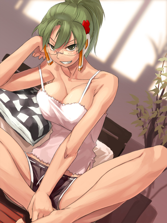 breasts camisole cleavage evil_grin evil_smile glasses green_hair grin homeko large_breasts os-tan smile solo sun-3 thighs xp_home-tan