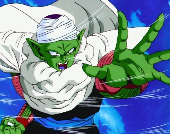 :d arm_guards cape clenched_hand dragon_ball dragon_ball_z fingernails green_skin male_focus nail_polish open_mouth outstretched_arm piccolo pointy_ears purple_tongue screencap sharp_fingernails smile solo spread_fingers teeth upper_body v-shaped_eyebrows visible_air white_cape white_nails
