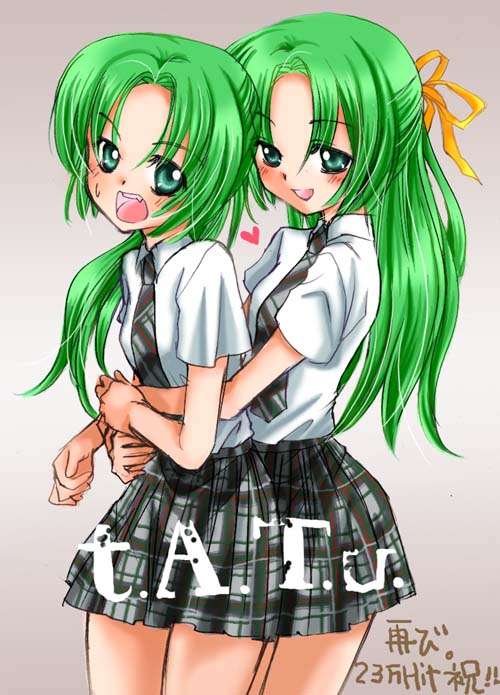 artist_request green_eyes green_hair half_updo higurashi_no_naku_koro_ni incest multiple_girls parody school_uniform siblings sisters sonozaki_mion sonozaki_shion tatu twins yuri