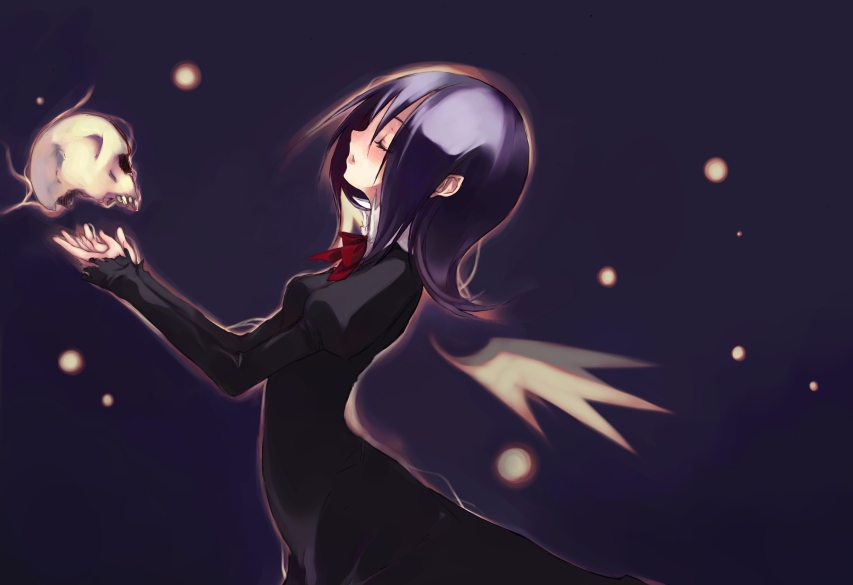 black_dress blush bone bow bowtie dress floating from_side itou_nanami long_sleeves original parted_lips purple_background short_hair simple_background skull solo upper_body