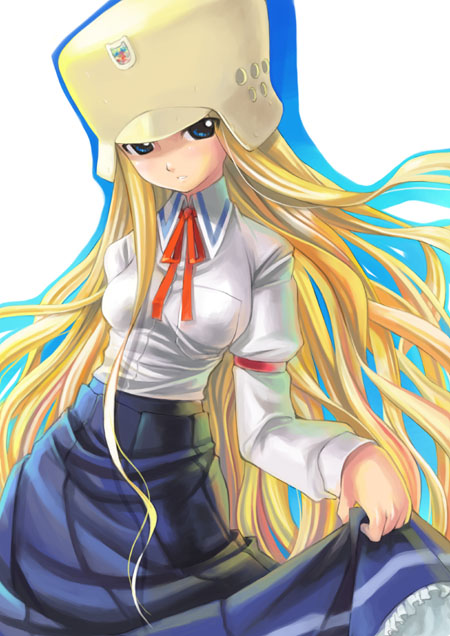 blonde_hair genshiken hat kujibiki_unbalance long_sleeves mikazuki_akira! ritsuko_kubel_kettenkrad school_uniform solo
