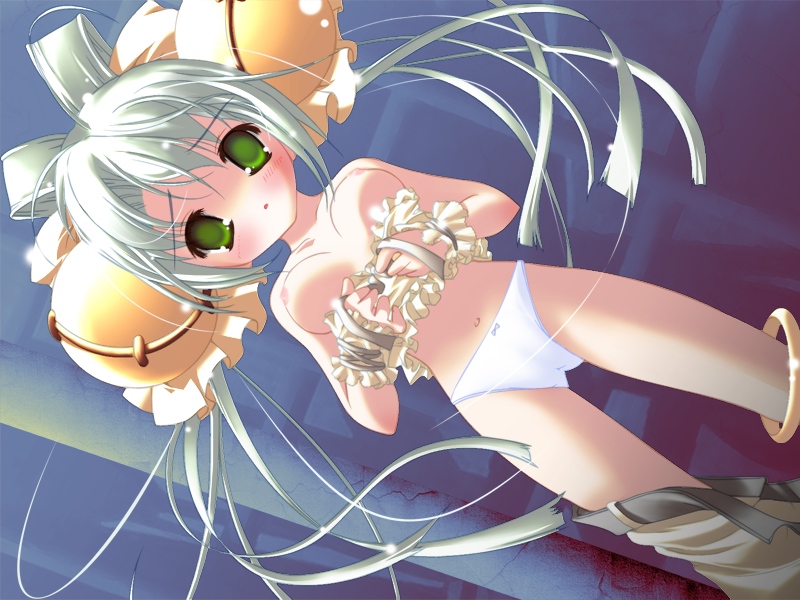 angel_report bell belt blue_panties blush bow bow_panties breasts dutch_angle game_cg green_eyes hair_bell hair_bow hair_ornament large_bow long_hair m_ecchi_kei medium_breasts nipples panties pants_pull perky_breasts ruru_(angel_report) shirt_pull sideways silver_hair solo topless underwear undressing white_hair