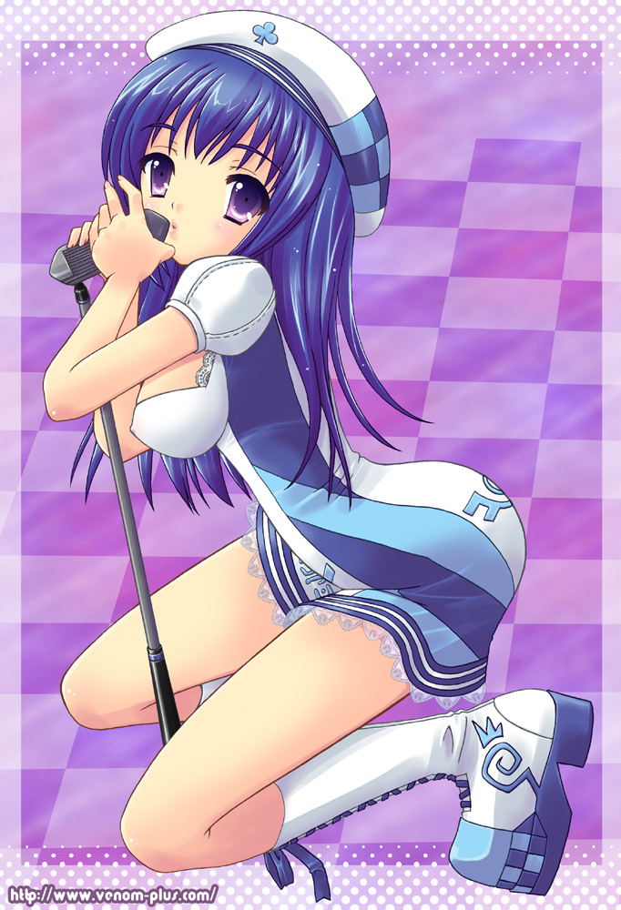 arin beret blue_hair checkered golf golf_club hat lace long_hair microphone microphone_stand pangya purple_eyes rusty_soul solo