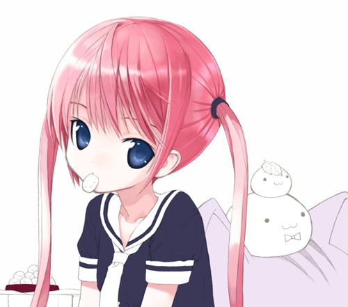 :3 blue_eyes kiira long_hair lowres mouth_hold original pink_hair solo twintails