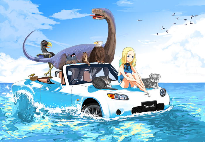 animal artist_request bird blonde_hair car cat cloud day dinosaur dog eunos_roadster ground_vehicle mazda motor_vehicle nest ocean on_vehicle one-piece_swimsuit partially_immersed swimsuit water what