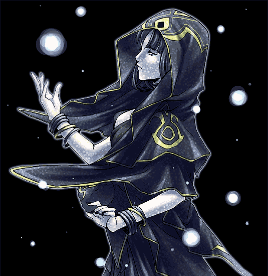bangs black black_background black_eyes black_hair blunt_bangs bracelet cloak gensou_suikoden gensou_suikoden_v hood jewelry nail_polish outstretched_arm outstretched_hand profile snowing solo standing umao zerase