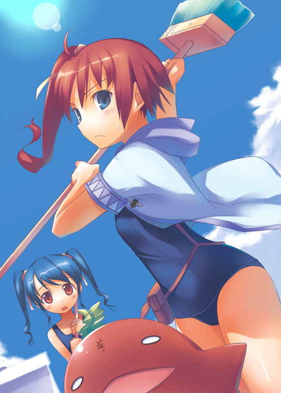:o blue_swimsuit blush broom day high_ponytail holding holding_broom jacket jacket_over_swimsuit multiple_girls nanakusa one-piece_swimsuit original outdoors red_eyes school_swimsuit short_sleeves side_ponytail sky sweatdrop swimsuit twintails