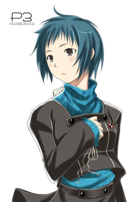 aqua_hair big_wednesday brown_eyes long_sleeves persona persona_3 school_uniform short_hair solo yamagishi_fuuka