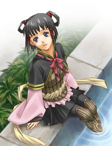 :d armor bangs black_hair blue_eyes blunt_bangs boots bow bowtie capelet flat_chest from_above gensou_suikoden gensou_suikoden_v hair_ornament hair_ribbon hair_rings half_updo japanese_clothes long_sleeves looking_up lowres lyon open_mouth outdoors pantyhose pink_bow plant pool poolside ribbon sash short_hair sidelocks sitting skirt smile soaking_feet solo thigh_boots thighhighs tress_ribbon umao water