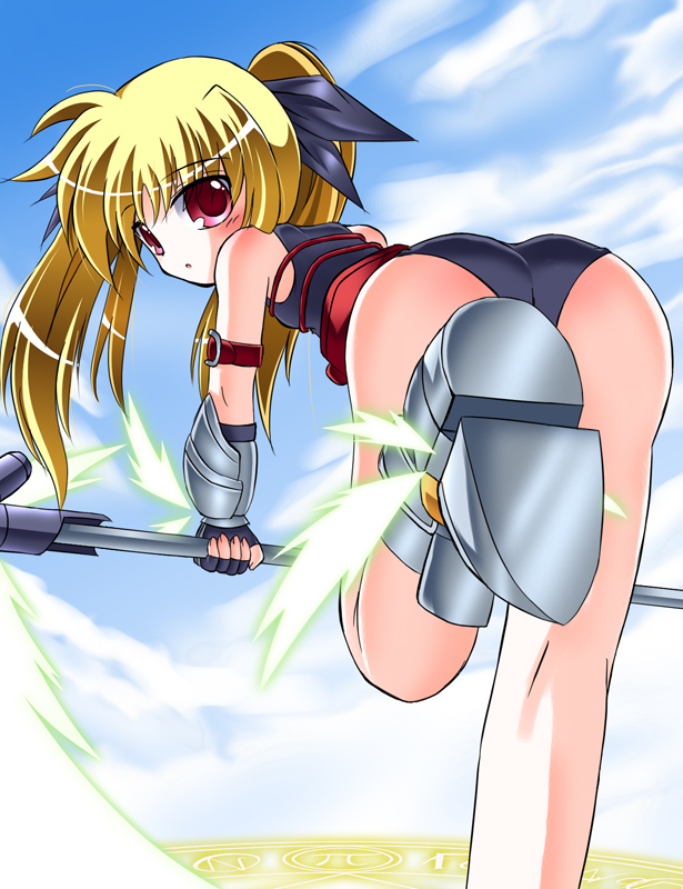 :o armor armored_boots ass bardiche bent_over blonde_hair blush bodysuit boots fate_testarossa hair_ribbon holding leg_up leotard looking_at_viewer looking_back lyrical_nanoha mahou_shoujo_lyrical_nanoha mahou_shoujo_lyrical_nanoha_a's parted_lips polearm red_eyes ribbon sleeveless solo staff twintails utanone_shion vambraces weapon
