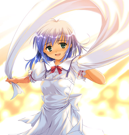 :d bangs blush dress eyebrows eyebrows_visible_through_hair green_eyes looking_at_viewer lowres open_mouth original ryoumoto_ken shawl short_hair short_sleeves silver_hair simple_background smile solo upper_body white_background white_dress
