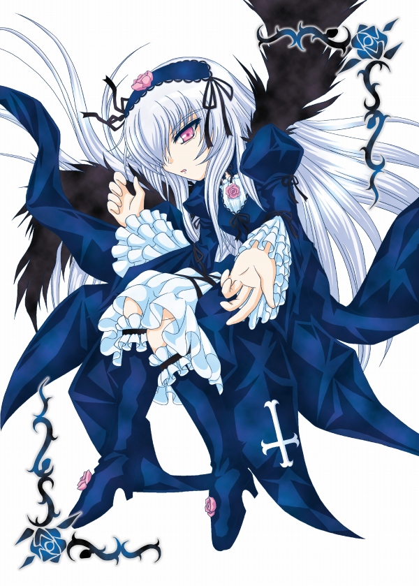 black_dress black_wings dress flower frilled_sleeves frills hairband lolita_hairband long_hair long_sleeves md5_mismatch mpon pink_eyes rose rozen_maiden silver_hair simple_background solo suigintou very_long_hair white_background wings